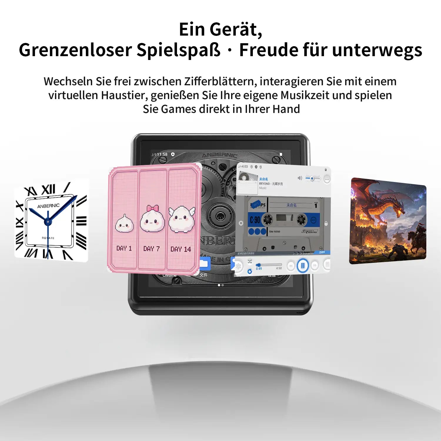 Multifunktionale Bildschirmanzeige des RG Rotate. Die Anordnung umfasst ein Zifferblatt, eine Schnittstelle für virtuelle Haustiere, eine Musik-Player-Schnittstelle und einen laufenden Spielbildschirm.