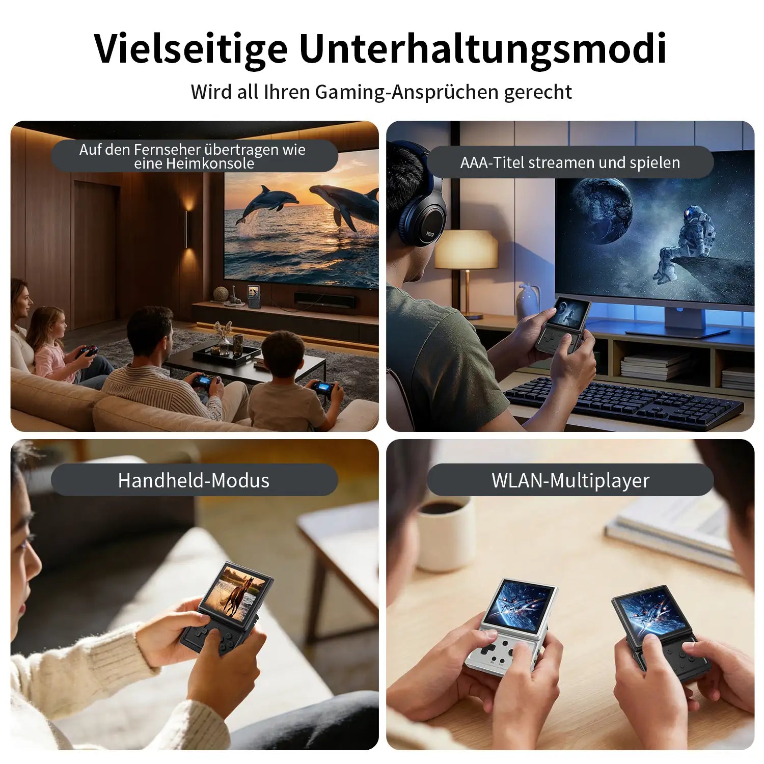 Vier Unterhaltungsausgabemodi des RG Rotate. Beinhaltet TV-Projektion über Kabel, Streaming von Spielen mit Kopfhörern, eigenständiges Handheld-Gameplay und Zwei-Spieler-Wi-Fi-Multiplayer.
