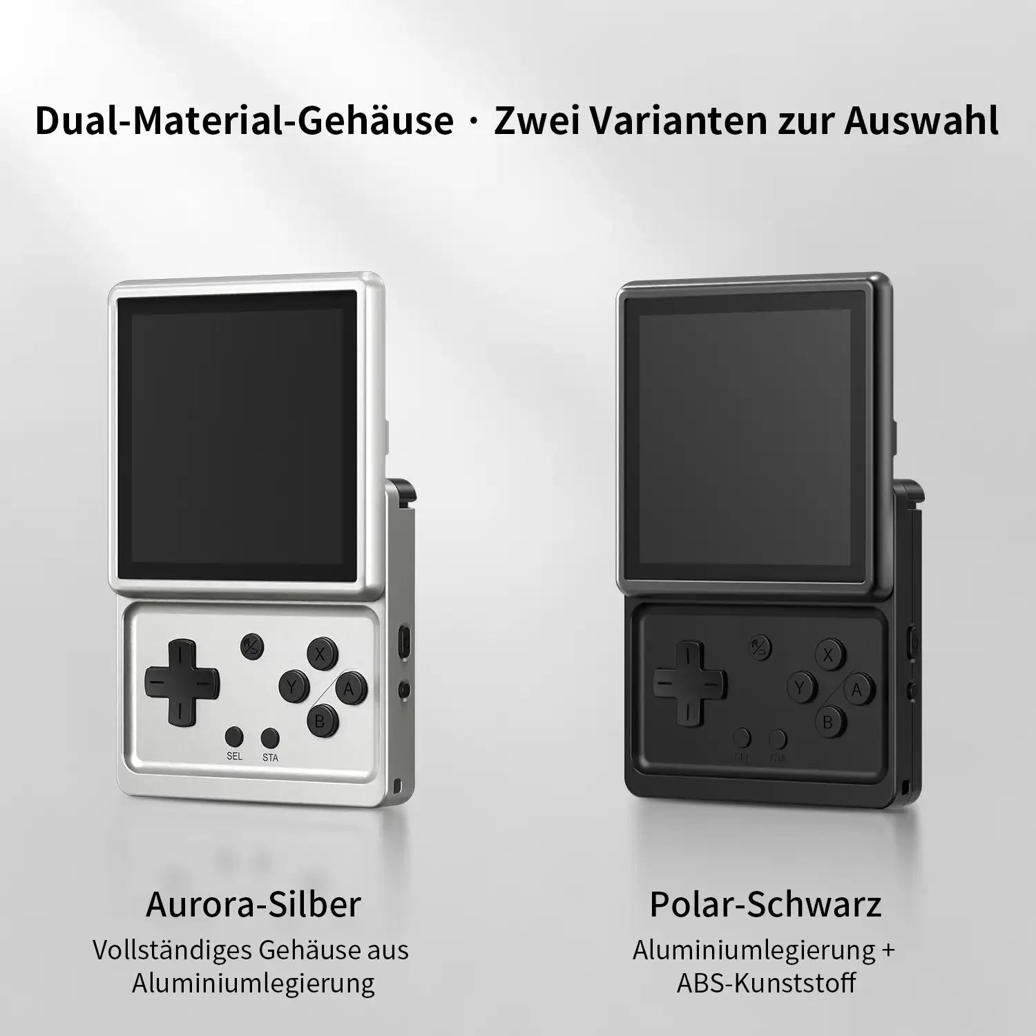 Farbvergleich des RG Rotate. Links befindet sich das Modell Aurora Silver mit einem Gehäuse aus reiner Aluminiumlegierung; rechts das Modell Polar Black mit einem Gehäuse aus Aluminiumlegierung und ABS-Kunststoff.