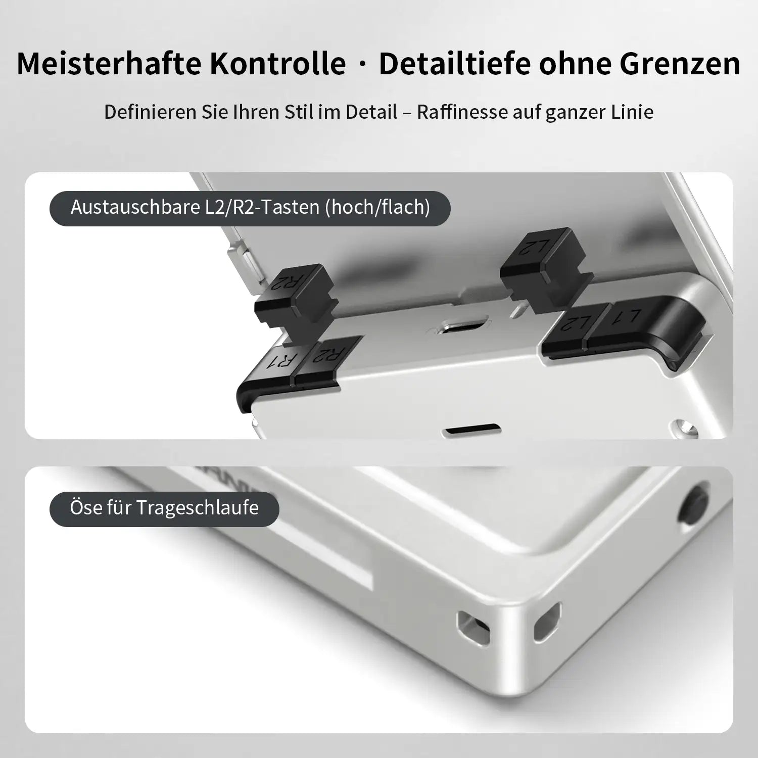 Detailaufnahme des RG Rotate-Gehäuses. Das obere Bild zeigt die austauschbare hohe/niedrige L2/R2-Tastenstruktur; das untere Bild zeigt die Lanyard-Öse aus Metall an der Unterseite.