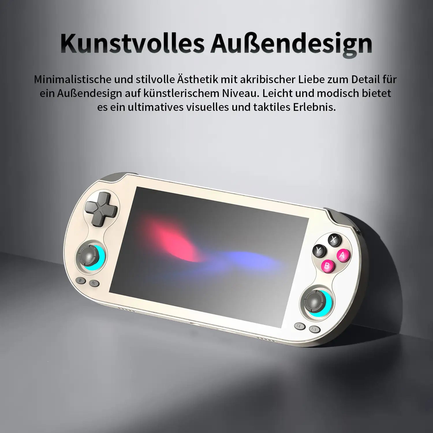 Ergonomisches Design der Vorder- und Rückseite der RG Vita Konsole, das die minimalistische Ästhetik und den komfortablen Griff zeigt.