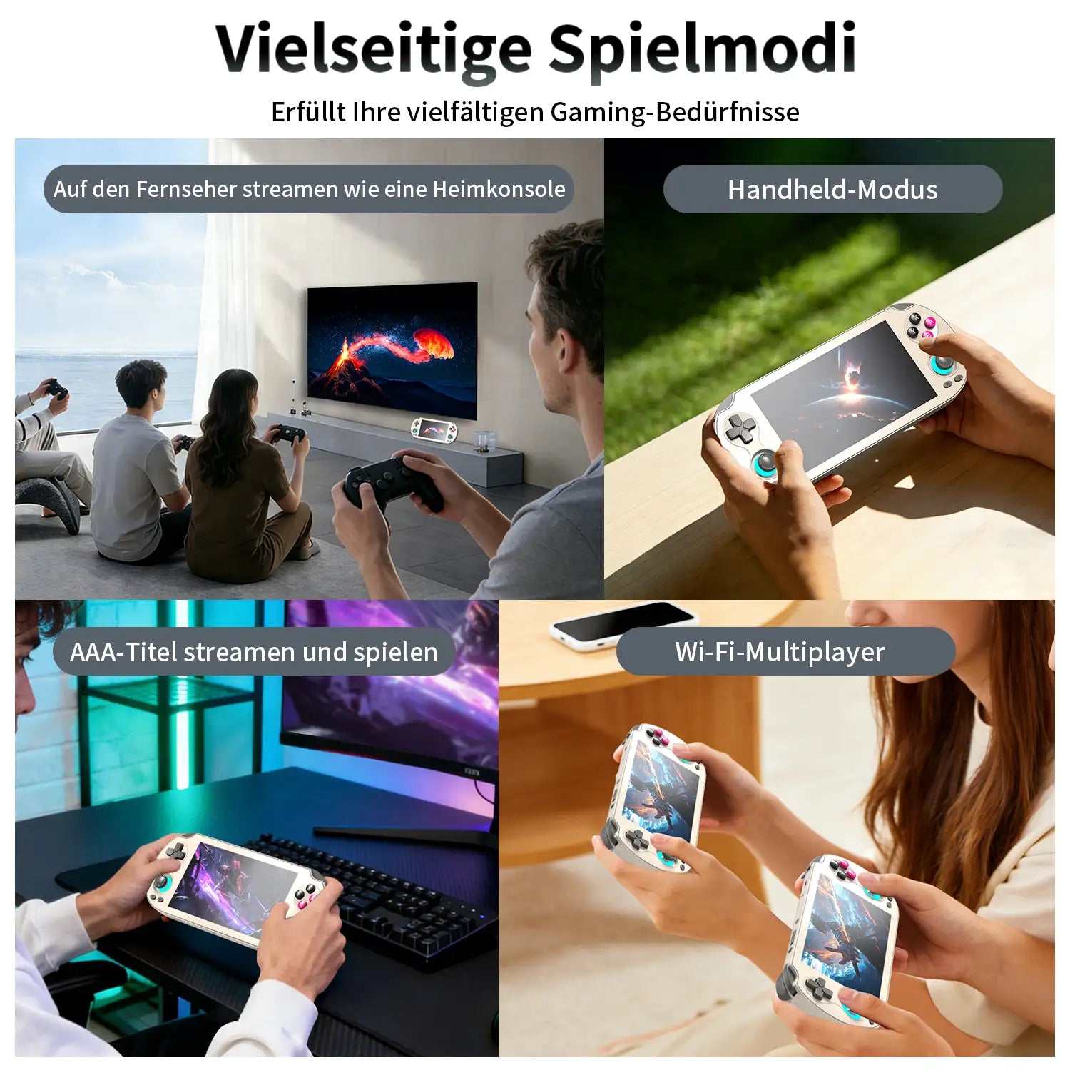 Mehrere Spielmodi für die RG Vita, zur Demonstration von Handheld-Spiel, TV-Streaming, AAA-Titel-Streaming und Wi-Fi-Multiplayer.