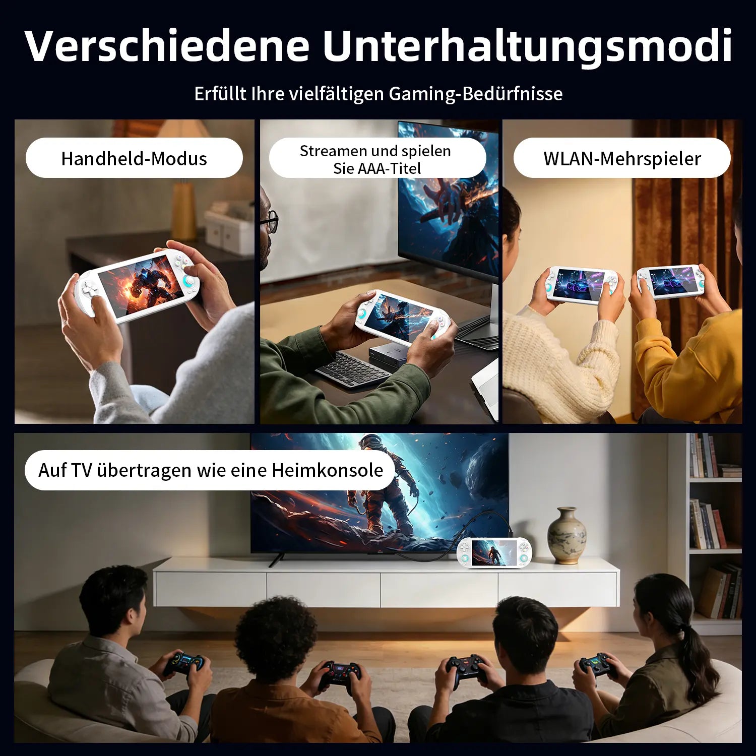 Mehrere Gaming-Modi: Handheld, Streaming, WiFi-Multiplayer und TV-Cast